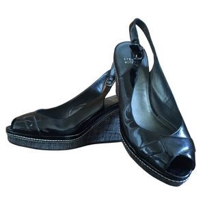 Stuart Weitzman Patten leather open toe sling backs wedges